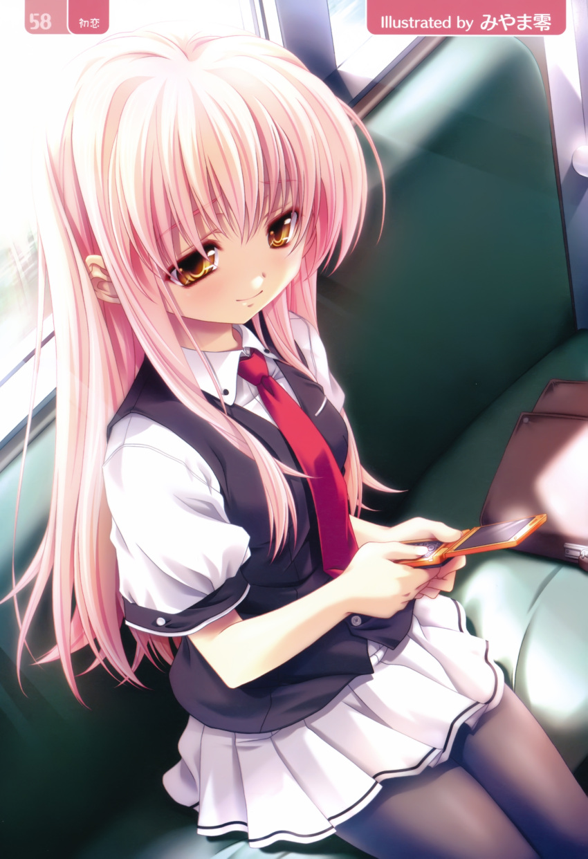 cellphone highres long_hair miyama-zero necktie pantyhose phone pink_hair skirt smile train train_interior yellow_eyes