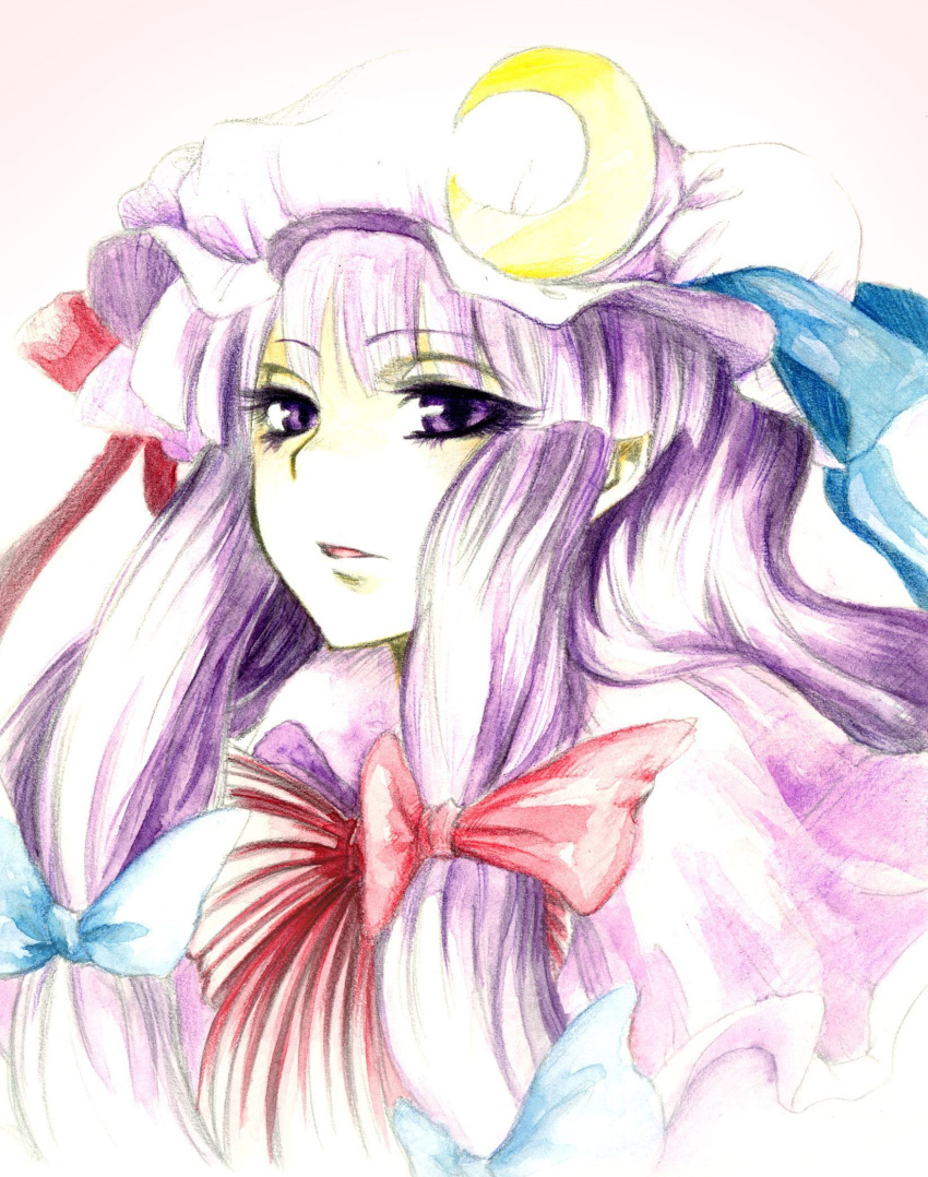 cockadooodledoo hat highres long_hair patchouli_knowledge purple_eyes purple_hair solo touhou violet_eyes