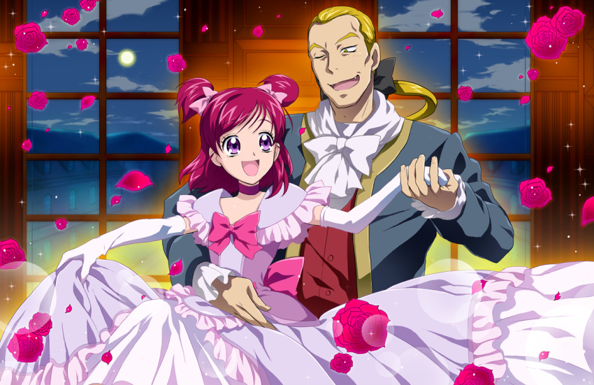1girl bow bunbee choker couple dancing dress elbow_gloves flower frills futari_wa_pretty_cure gloves gown hair_ribbon height_difference maeashi pink_hair pink_rose precure purple_eyes ribbon rose short_twintails smile twintails two_side_up violet_eyes yes!_precure_5 yumehara_nozomi