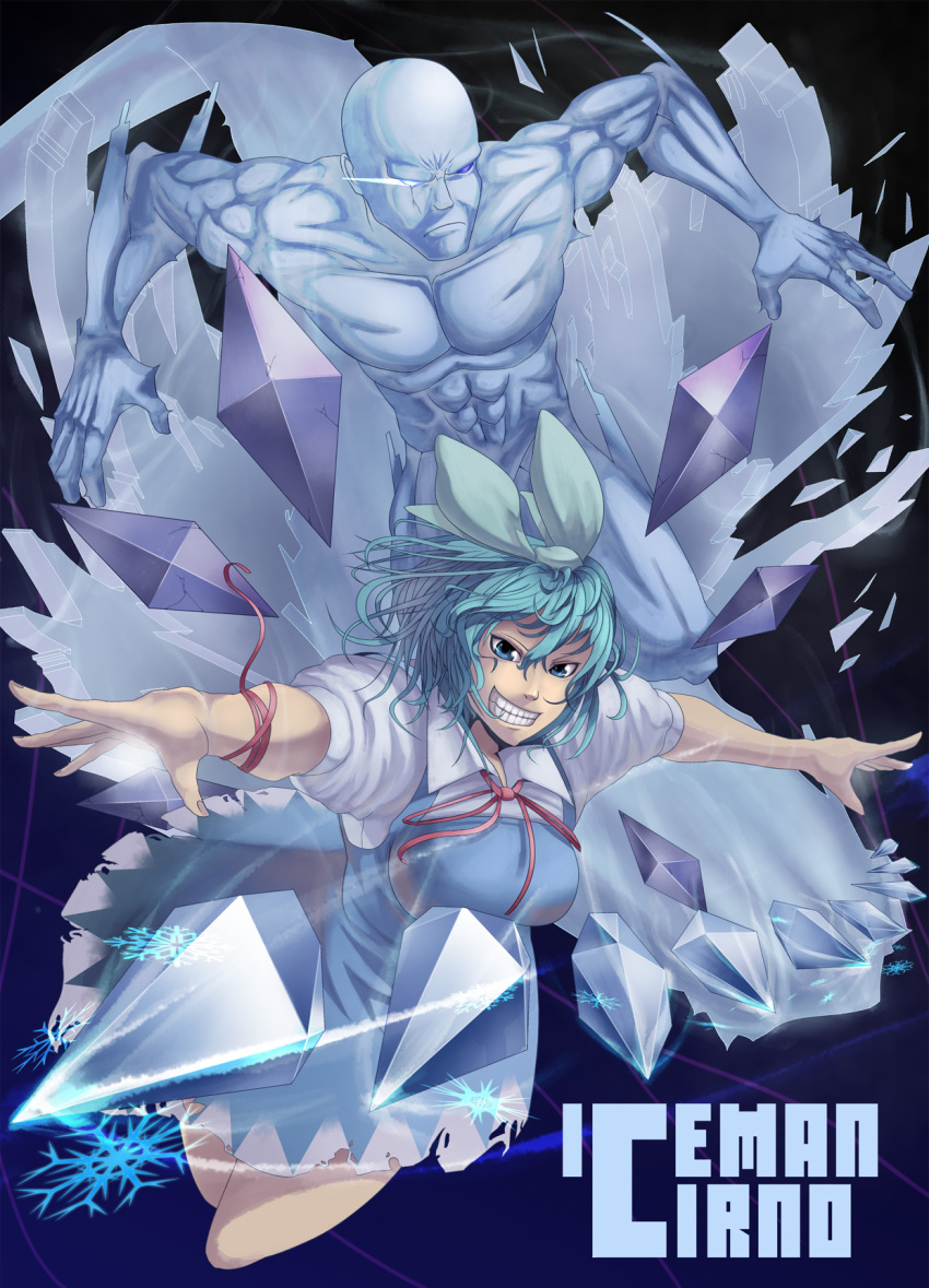 1girl adult bad_id blue_eyes blue_hair bow breasts character_name cirno crazy creepy crossover grin hair_bow highres ice iceman iceman_(x-men) maid marvel power_connection ribbon shelly_(artist) short_hair smile teeth touhou x-men