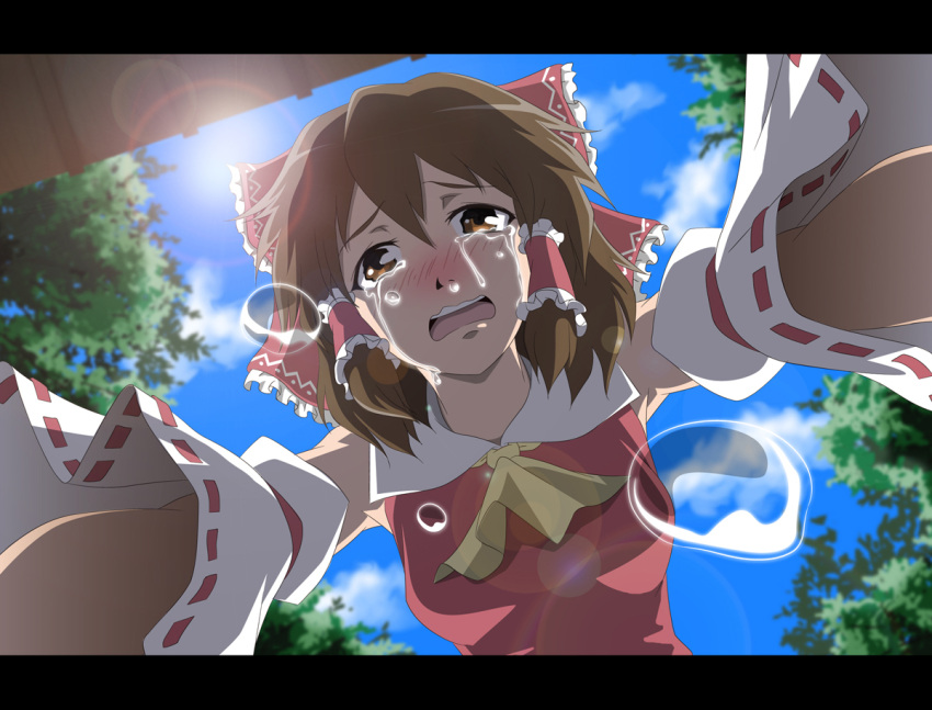 blush bow brown_eyes brown_hair cloud clouds commentary detached_sleeves hair_bow hakurei_reimu lens_flare pov runny_nose sky solo sun taishi_(moriverine) tears touhou wavy_mouth