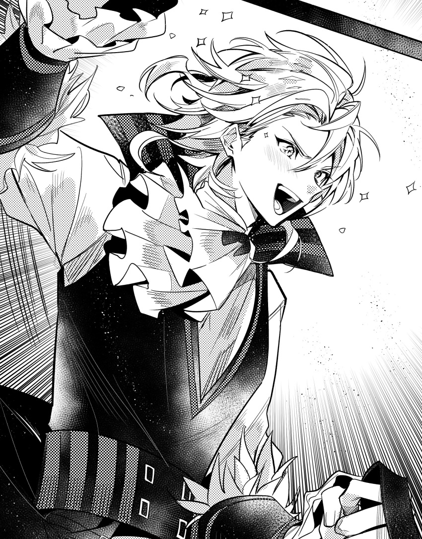 1boy absurdres amber_(fire_emblem) ascot fire_emblem fire_emblem_engage frilled_sleeves frills fur_trim greyscale high_collar highres illust_mi looking_to_the_side monochrome open_mouth short_hair solo sparkle