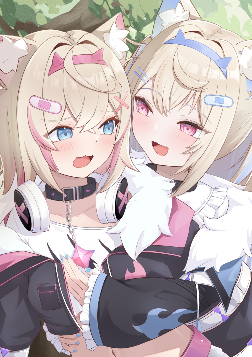 2girls :3 :d absurdres akuame_(ring3922) animal_ear_fluff animal_ears belt belt_collar black_collar black_jacket blonde_hair blue_belt blue_eyes blue_hair blue_nails blush collar cropped_jacket cropped_shirt dog_ears dog_girl dress fangs fur-trimmed_jacket fur_trim fuwawa_abyssgard hair_ornament hairpin headphones headphones_around_neck highres hololive hololive_english hug hug_from_behind jacket long_hair looking_at_another medium_hair mococo_abyssgard multicolored_hair multiple_girls nail_polish open_mouth pink_belt pink_eyes pink_hair shirt siblings sisters skin_fangs smile spiked_collar spikes streaked_hair twins white_dress white_shirt x_hair_ornament