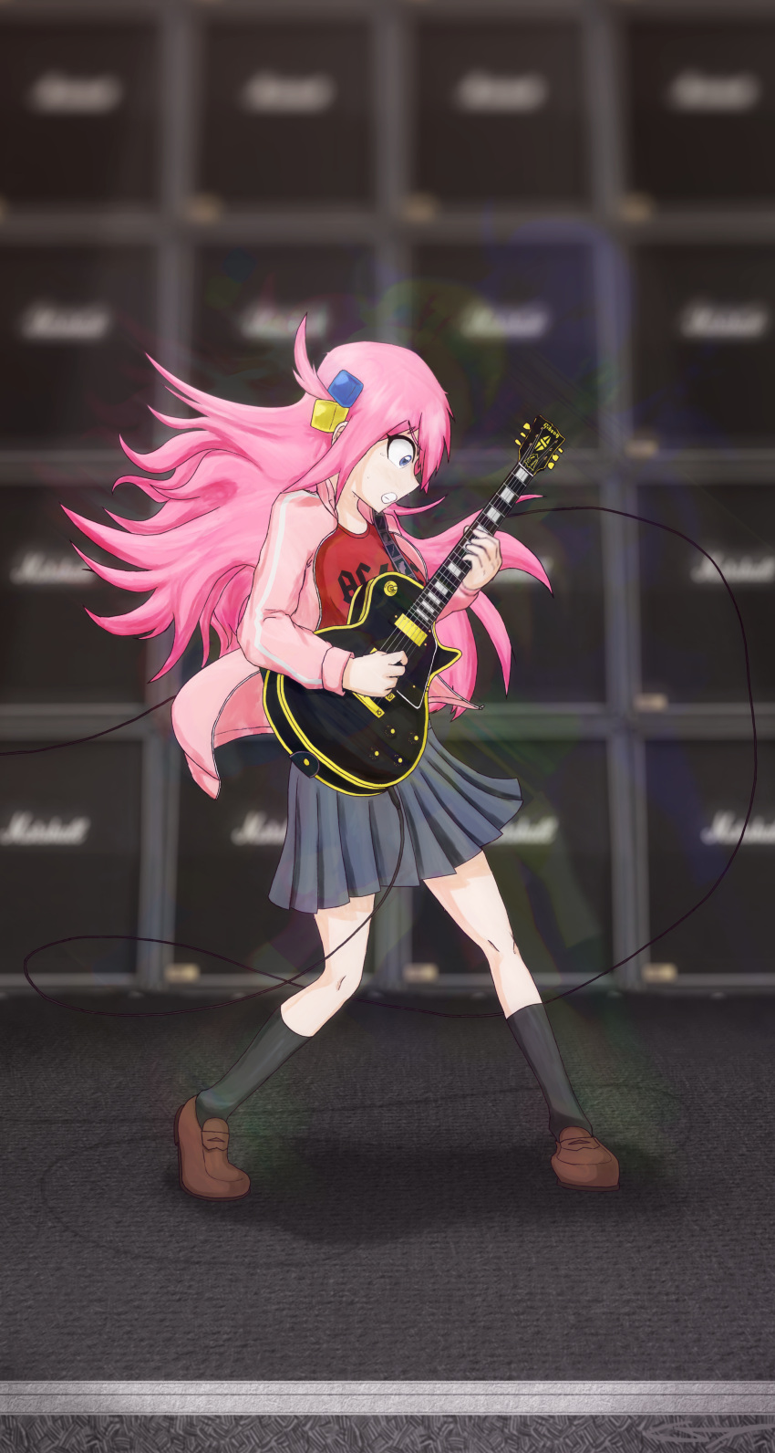 1girl bangs blue_eyes bocchi_the_rock! cube_hair_ornament electric_guitar gibson_les_paul gotou_hitori guitar hair_ornament highres holding_instrument instrument music on_stage pink_hair playing_instrument skirt