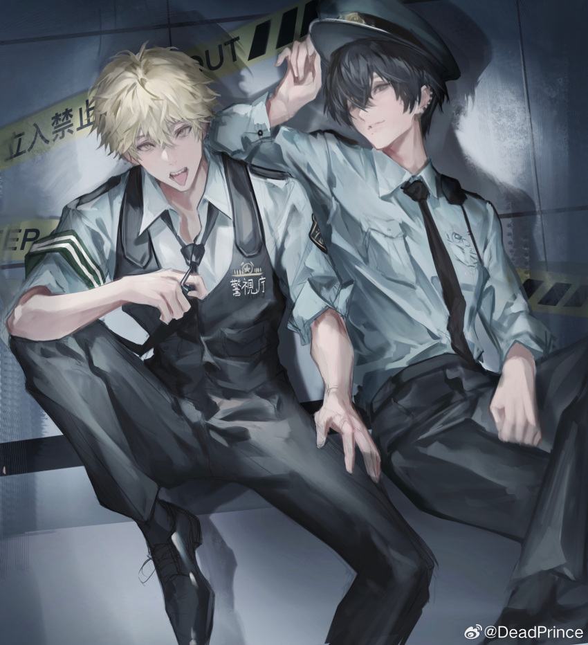 2boys absurdres black_footwear black_pants blonde_hair chainsaw_man chinese_text collared_shirt deadprince denji_(chainsaw_man) dress hand_on_headwear hat highres knee_up long_sleeves male_focus multiple_boys necktie open_mouth pants police_hat sharp_teeth shirt short_hair sitting teeth tongue tongue_out translation_request white_shirt yoshida_hirofumi