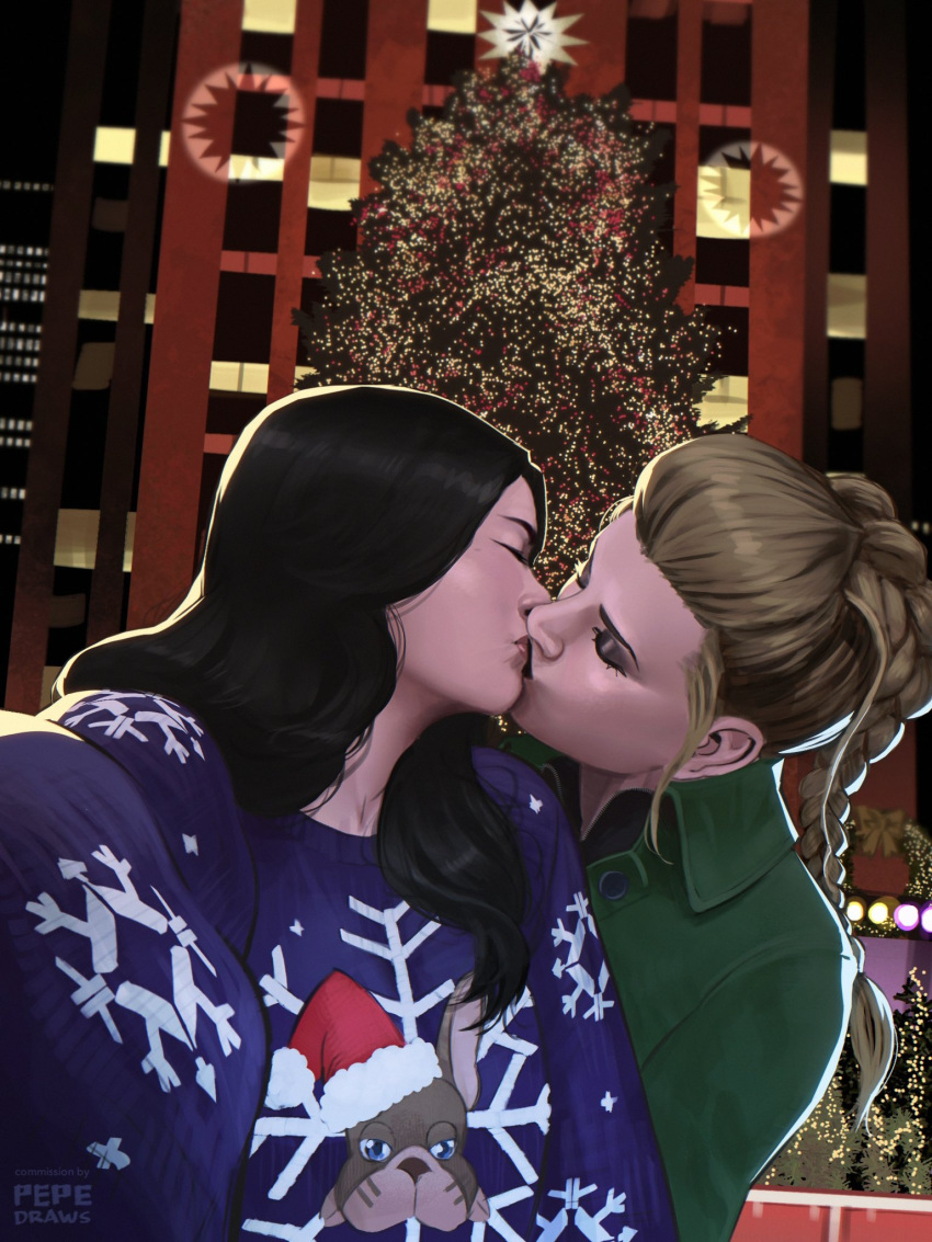 2girls artist_name black_eyeshadow black_hair black_lips blonde_hair blue_sweater braid building christmas_lights christmas_tree city closed_eyes coat commentary commission couple english_commentary eyeshadow green_coat hair_pulled_back hat highres kate_bishop kiss long_hair makeup marvel multiple_girls new_york_city night pepedraws print_sweater real_world_location rockefeller_center santa_hat selfie sweater upper_body yelena_belova young_avengers yuri