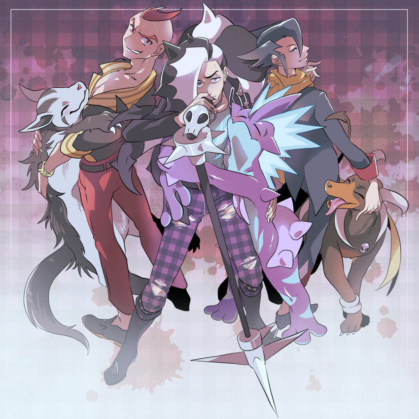 3boys belt black_hair black_jacket blue_eyes blue_shirt collarbone collared_shirt full_body grimsley_(pokemon) highres horns houndoom jacket looking_at_viewer male_focus maruboku microphone_stand mightyena multicolored_hair multiple_boys official_alternate_costume pants pendant_choker piers_(pokemon) piers_(sygna_suit)_(pokemon) plaid plaid_pants pokemon pokemon_(creature) pokemon_(game) pokemon_bw pokemon_masters_ex pokemon_oras redhead scarf shirt sidney_(pokemon) smirk standing torn_clothes torn_pants toxtricity toxtricity_(low_key) two-tone_hair yellow_scarf