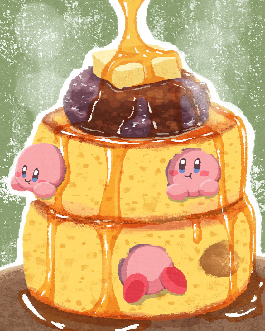 anko_(food) blue_eyes butter closed_mouth commentary eating food food_bite food_focus highres kirby kirby_(series) miclot pancake pancake_stack pink_footwear shoes smile souffle_pancake syrup
