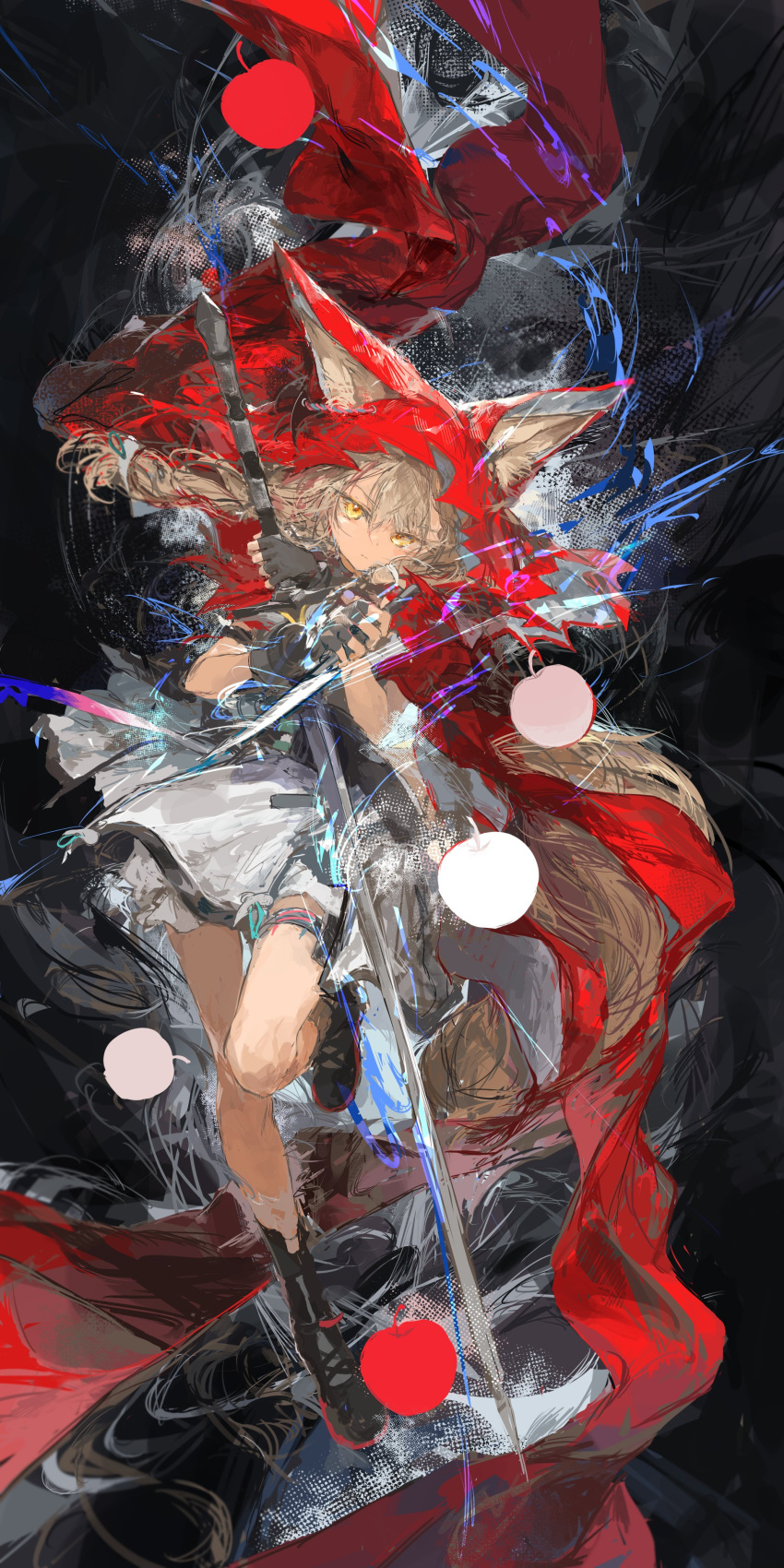 1girl absurdres animal_ears apple arknights arknights:_endfield black_boots black_gloves blonde_hair boots cloak commentary fingerless_gloves food fruit full_body gloves highres holding holding_sword holding_weapon hood hooded_cloak huge_weapon ichika_(ichika87) long_hair looking_at_viewer red_cloak rossi_(arknights) solo straight-on sword weapon wolf_ears wolf_girl yellow_eyes