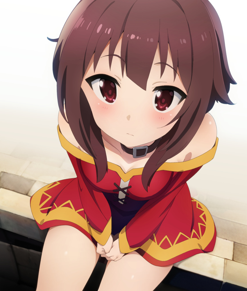 1girl black_choker blush breasts brown_hair choker closed_mouth commentary_request cowboy_shot dress eyelashes foreshortening from_above frown hair_between_eyes highres kono_subarashii_sekai_ni_shukufuku_wo! looking_at_viewer megumin own_hands_together red_dress red_eyes short_dress short_hair simple_background sitting small_breasts solo strapless strapless_dress toraya_(doujintraya) upturned_eyes v_arms white_background
