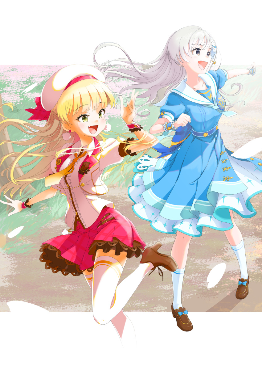 2girls :d absurdres beret blonde_hair blue_bow blue_dress blue_necktie blue_socks bow brown_footwear buttons center_frills chain cropped_jacket dress earrings fang floating_hair footwear_bow frilled_cuffs frilled_sleeves frills green_eyes grey_eyes grey_hair hand_up hat heart highres hisakawa_hayate idolmaster idolmaster_cinderella_girls idolmaster_cinderella_girls_starlight_stage jacket jewelry jougasaki_rika lace-trimmed_skirt lace_trim lapels looking_afar multiple_girls necktie open_clothes open_jacket open_mouth orange_necktie outdoors outstretched_arm pink_skirt pleated_skirt pom_pom_(clothes) pom_pom_earrings sailor_collar shirt short_sleeves skirt smile socks standing standing_on_one_leg thigh-highs u4_99384295 white_headwear white_jacket white_shirt white_socks white_thighhighs wing_collar wrist_cuffs