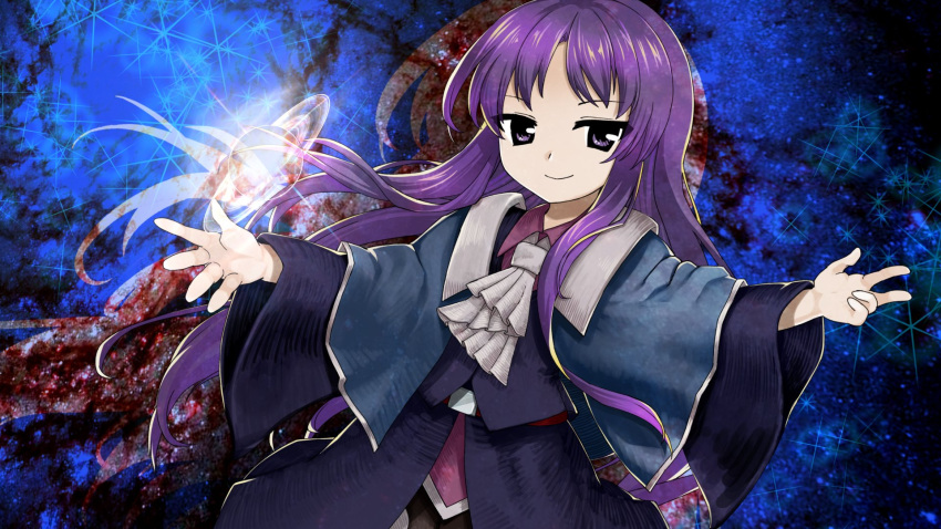 1other androgynous anmita_(rarutos) ascot belt blue_capelet blue_coat capelet clause closed_mouth coat collared_shirt commentary_request highres len'en long_hair long_sleeves looking_at_viewer other_focus outstretched_arms pink_shirt purple_hair red_belt shirt smile solo spread_arms violet_eyes white_ascot wide_sleeves