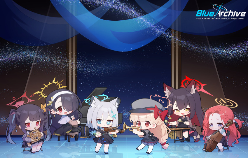6+girls animal_ear_fluff animal_ears beamed_eighth_notes black_dress black_footwear black_hair black_horns blonde_hair blue_archive blue_eyes blue_halo chibi collarbone colored_inner_hair donmin_h double_bass dress eighth_note english_commentary fox_ears french_horn fuuka_(blue_archive) grand_piano grey_hair habit halo hat high_heels highres hinata_(blue_archive) holding holding_instrument horn_(instrument) horns instrument long_hair multicolored_hair multiple_girls music musical_note nodoka_(blue_archive) nun official_art orchestra peaked_cap piano playing_instrument puffy_short_sleeves puffy_sleeves red_eyes red_halo redhead shiroko_(blue_archive) short_sleeves treble_clef trumpet twintails violin wakamo_(blue_archive) wolf_ears xylophone yellow_eyes yellow_halo yuzu_(blue_archive)