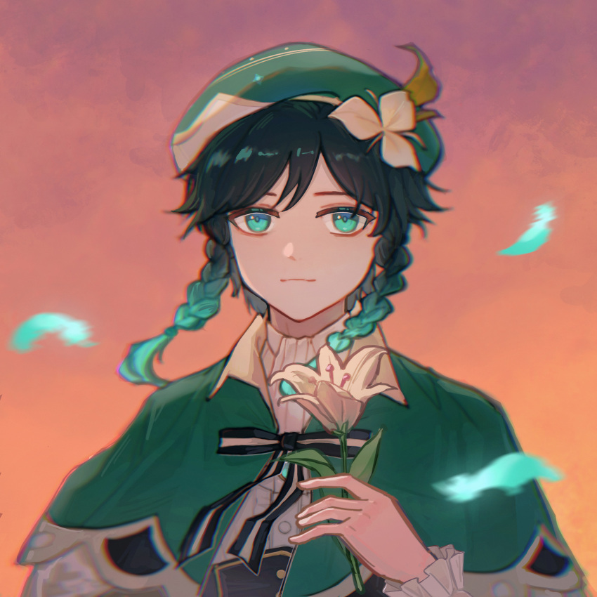 1boy aqua_eyes aqua_hair beret black_hair black_ribbon braid buttons capelet closed_mouth collared_capelet falling_feathers flower frilled_sleeves frills genshin_impact gradient_background gradient_hair green_capelet green_headwear hand_up hat hat_flower highres hilda_dewitt holding holding_flower leaf_hat_ornament lily_(flower) long_sleeves male_focus medium_hair multicolored_hair neck_ribbon portrait ribbon shirt solo striped striped_ribbon swept_bangs twin_braids venti_(genshin_impact) white_flower white_shirt