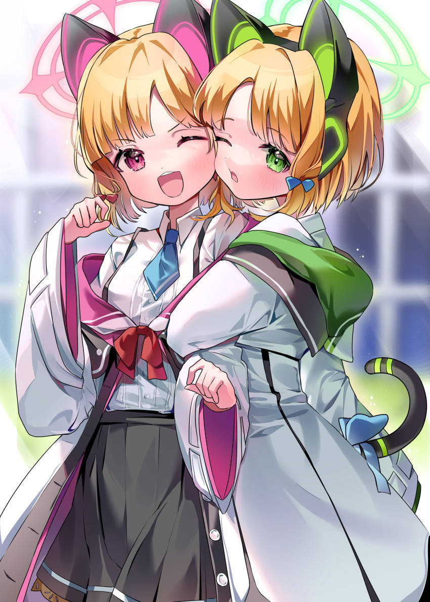 2girls absurdres animal_ear_headphones animal_ears arm_hug black_skirt blonde_hair blue_archive blue_bow blue_necktie blush bow breasts cheek-to-cheek collared_shirt commentary fake_animal_ears green_eyes green_halo hair_bow halo headphones heads_together highres jacket long_sleeves midori_(blue_archive) momoi_(blue_archive) multicolored_clothes multicolored_jacket multiple_girls necktie nyaruin one_eye_closed open_mouth pink_halo pleated_skirt red_bow red_eyes revision shirt short_hair siblings sisters skirt small_breasts smile twins two-tone_jacket white_jacket white_shirt