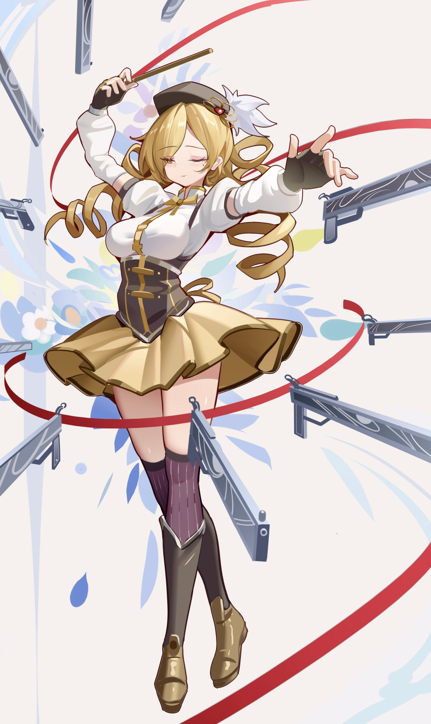 1girl absurdres arm_up beret blonde_hair boots detached_sleeves drill_hair fingerless_gloves full_body gloves gun half-closed_eye hat hat_feather highres holding long_hair luai magical_girl mahou_shoujo_madoka_magica mahou_shoujo_madoka_magica_(anime) one_eye_closed pleated_skirt purple_thighhighs red_ribbon ribbon skirt solo soul_gem standing thigh-highs tomoe_mami twin_drills weapon white_background yellow_eyes