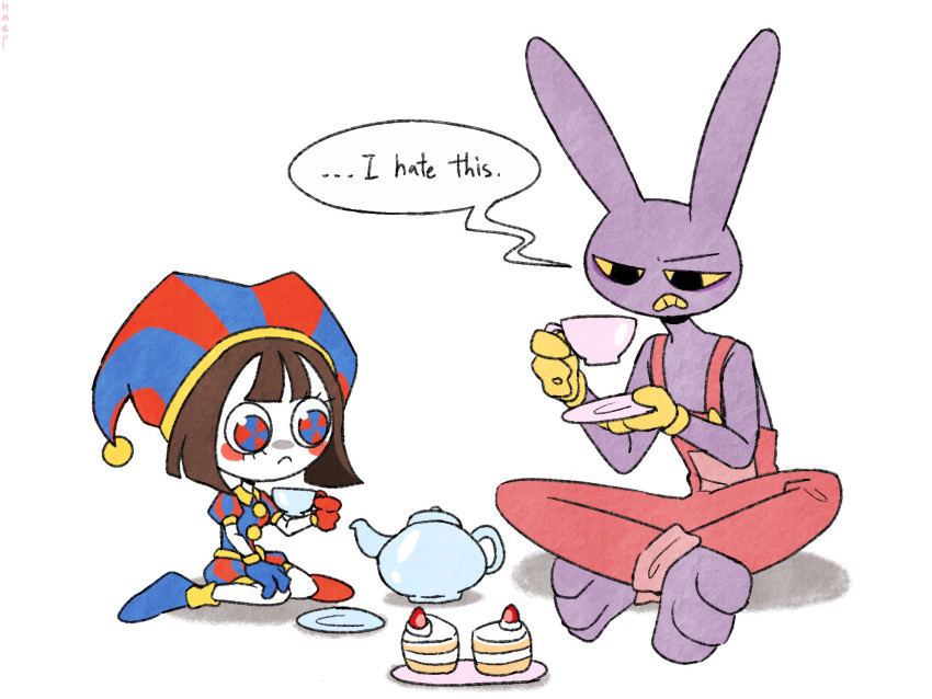 1boy 1girl :c brown_hair cake colored_sclera commentary_request crossed_legs cup english_text food haep0510 hat heterochromia highres holding holding_cup jax_(the_amazing_digital_circus) jester jester_cap korean_commentary pale_skin pomni_(the_amazing_digital_circus) rabbit simple_background sitting teacup teapot the_amazing_digital_circus white_background yellow_sclera