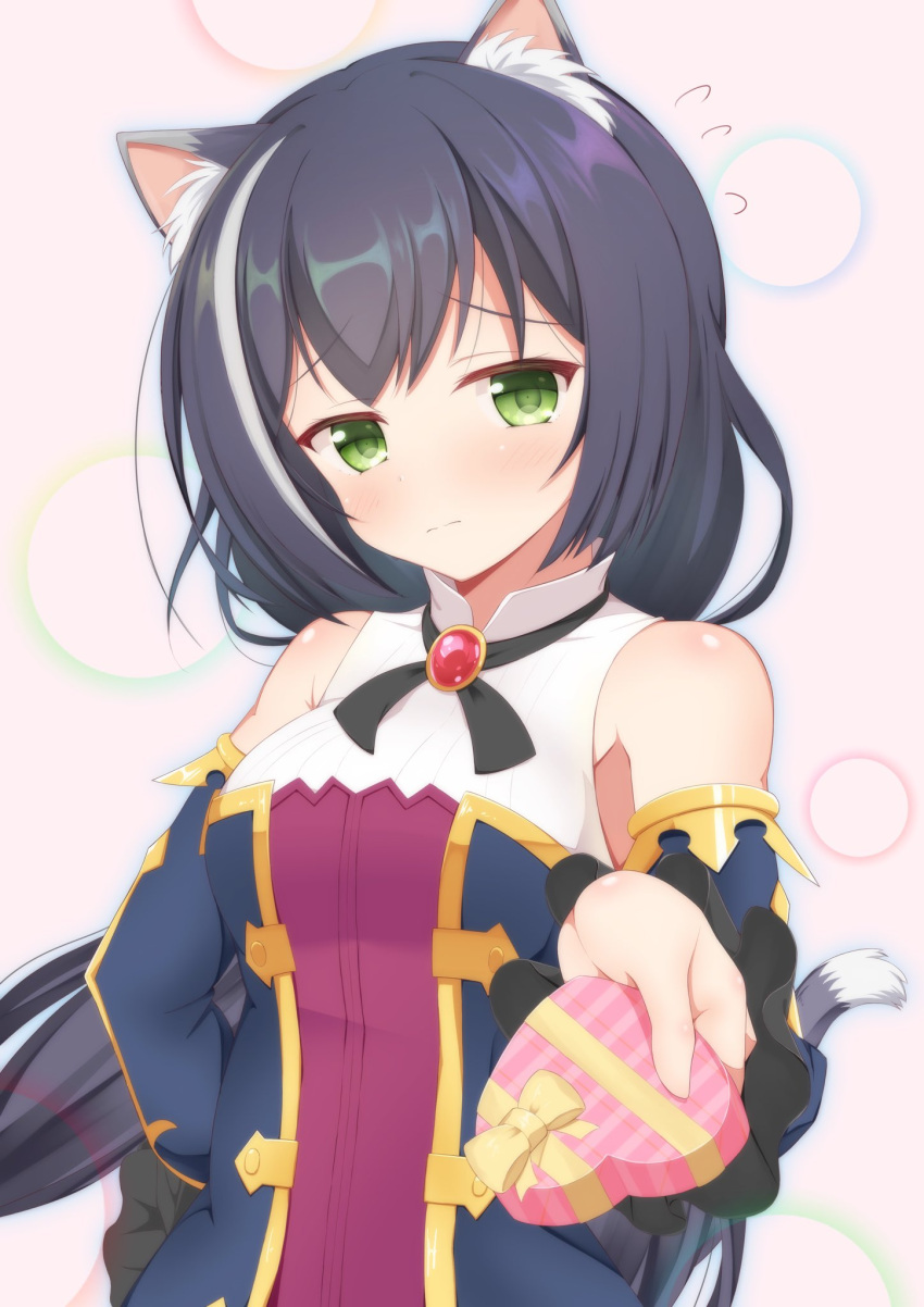 1girl 3: animal_ear_fluff animal_ears arm_behind_back bare_shoulders black_hair black_ribbon blush bow cat_ears cat_tail chataring_mai closed_mouth commentary_request detached_sleeves eyelashes flying_sweatdrops frilled_sleeves frills frown furrowed_brow gem gift green_eyes hair_between_eyes head_tilt heart heart-shaped_pupils highres holding holding_gift incoming_gift karyl_(princess_connect!) long_hair long_sleeves looking_at_viewer multicolored_hair neck_ribbon pink_background princess_connect! red_gemstone ribbon shy simple_background solo streaked_hair symbol-shaped_pupils tail upper_body valentine very_long_hair white_hair yellow_bow