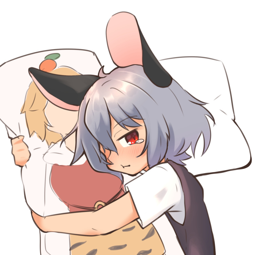 1girl :t animal_ears blush closed_mouth commentary_request dakimakura_(object) greenpiecerice grey_hair grey_vest hair_between_eyes hair_over_one_eye highres hugging_object long_bangs looking_at_viewer mouse_ears mouse_girl nazrin pillow pillow_hug red_eyes shirt short_hair short_sleeves simple_background solo tearing_up toramaru_shou touhou upper_body vest white_background white_shirt