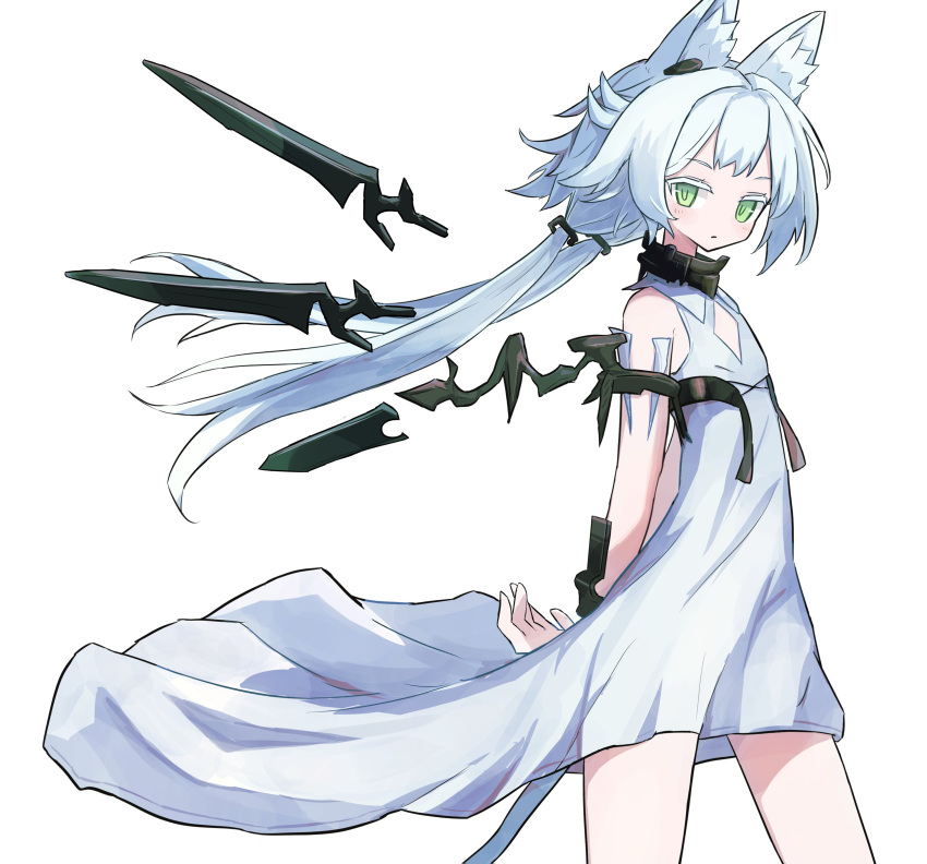 1girl absurdres animal_ear_fluff animal_ears arknights arms_behind_back cat_ears cat_girl cat_tail cleavage_cutout clothing_cutout collar colored_eyelashes cowboy_shot cuffs detached_wings dress earpiece empty_eyes green_eyes highres light_frown long_hair looking_at_viewer mechanical_wings neumo_(_neumo_) official_alternate_costume rosmontis_(arknights) rosmontis_(become_anew)_(arknights) sleeveless sleeveless_dress solo tail twintails white_dress white_hair wings