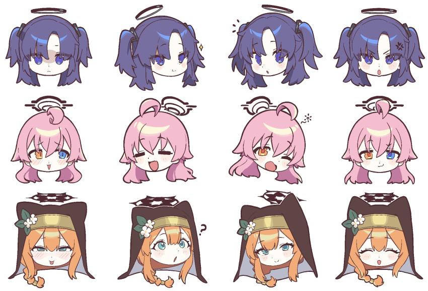 3girls :3 ? ahoge anger_vein black_headwear blue_archive blue_eyes blush braid closed_eyes empty_eyes expressions fang flower habit hair_between_eyes halo hat hat_flower highres hoshino_(blue_archive) kekek long_hair mari_(blue_archive) multiple_girls multiple_views notice_lines open_mouth orange_eyes orange_hair parted_lips side_braid simple_background smile smug sparkle tongue tongue_out two_side_up white_background white_headwear yuuka_(blue_archive)