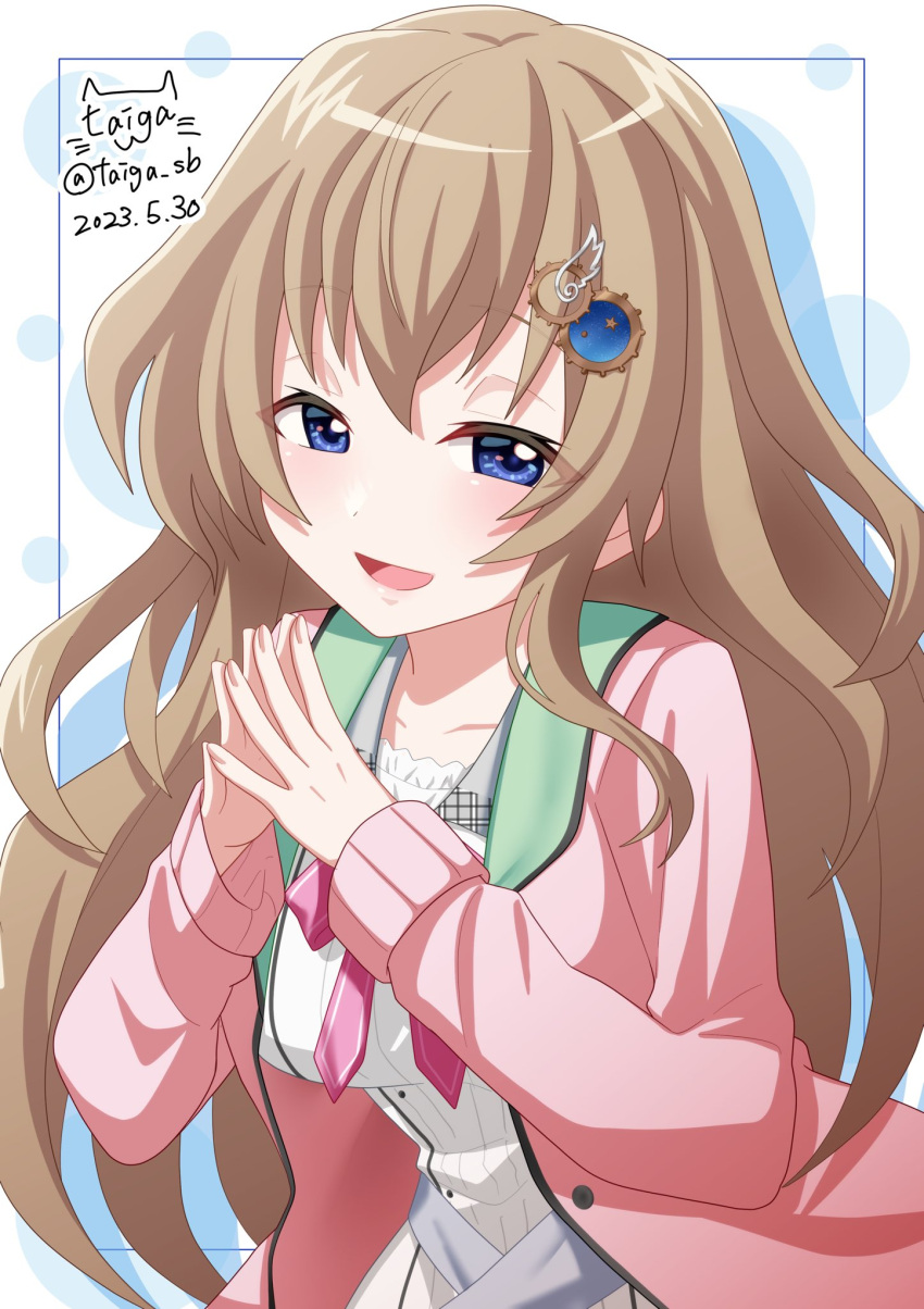 1girl 2023 9-nine- :d blue_eyes blush breasts cardigan commentary_request dated dated_commentary drop_shadow eyelashes eyes_visible_through_hair gear_hair_ornament hair_between_eyes half-closed_eyes hands_up happy highres kujou_miyako large_breasts light_brown_hair long_hair looking_at_viewer open_cardigan open_clothes open_mouth own_hands_together pink_cardigan pink_ribbon ribbon school_uniform shirt sidelocks signature simple_background sleeves_past_wrists smile solo star_(symbol) steepled_fingers taiga_sb twitter_username upper_body very_long_hair wavy_hair white_background white_shirt wing_hair_ornament