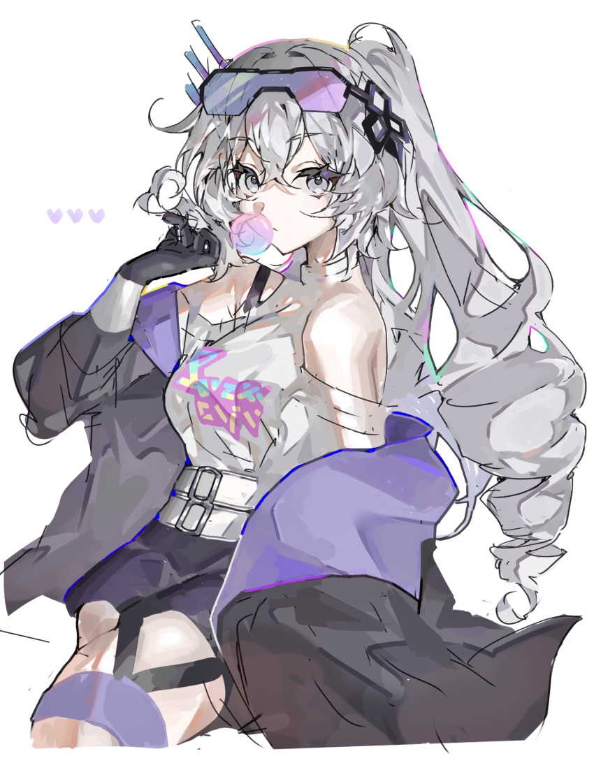 1girl bare_shoulders belt black-framed_eyewear black_gloves black_jacket black_shorts blue-tinted_eyewear breasts chewing_gum choker closed_mouth clothes_writing commentary_request cowboy_shot drill_hair drill_ponytail eyelashes gloves goggles goggles_on_head grey_eyes hair_between_eyes hair_ornament hand_up haru_1un headpiece heart high_ponytail highres honkai:_star_rail honkai_(series) jacket long_hair long_sleeves looking_at_viewer medium_breasts open_clothes open_jacket pink-tinted_eyewear ponytail puffy_long_sleeves puffy_sleeves purple_jacket shorts sidelocks silver_wolf_(elation)_(honkai:_star_rail) silver_wolf_(honkai:_star_rail) simple_background sitting solo tank_top thigh_strap tinted_eyewear turtleneck two-sided_fabric two-sided_jacket white_background white_belt white_choker white_tank_top