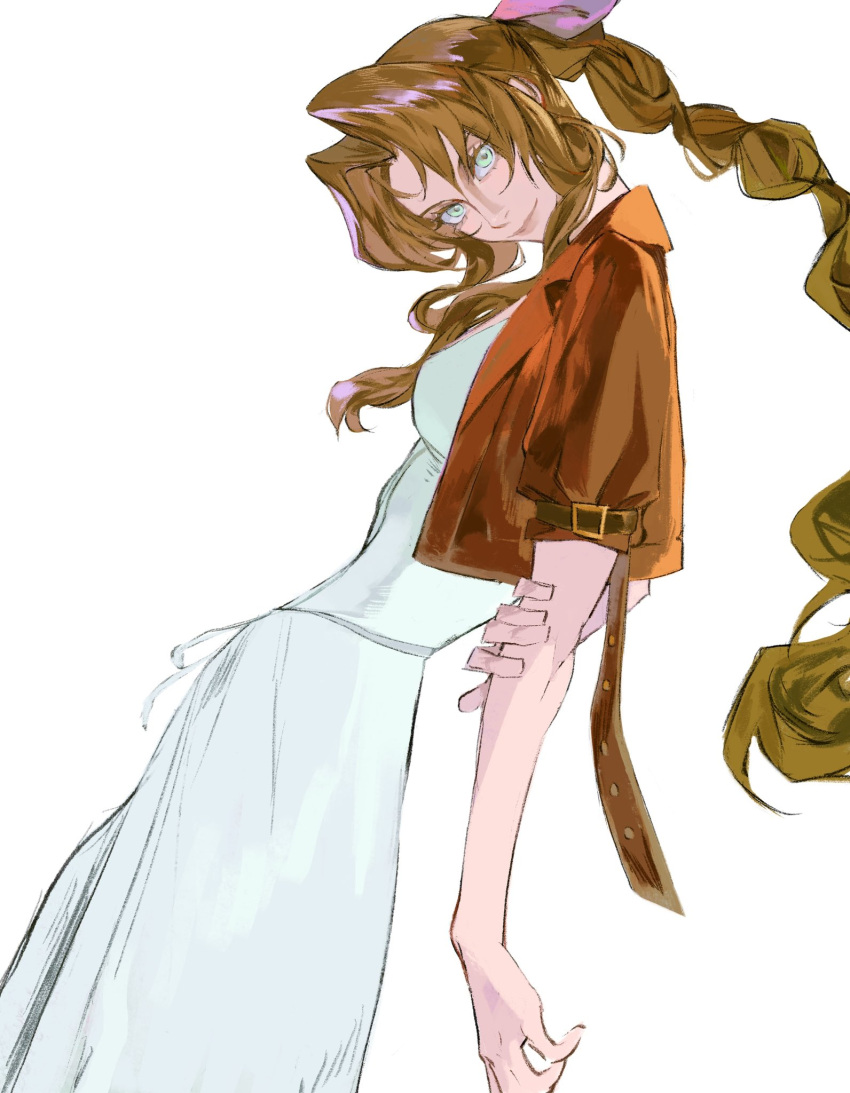 1girl aerith_gainsborough arm_behind_back bow brown_hair commentary cropped_jacket cropped_legs dress facing_to_the_side final_fantasy final_fantasy_vii final_fantasy_vii_remake green_eyes hair_ribbon hand_on_own_arm highres jacket light_smile long_dress long_hair looking_at_viewer open_clothes open_jacket parted_bangs pink_ribbon ponytail red_jacket ribbon short_sleeves sidelocks simple_background smile upper_body wavy_hair white_background white_dress white_ribbon xscr1205