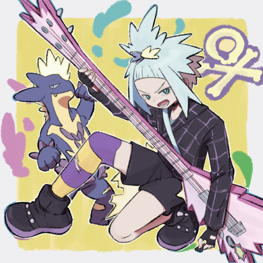 1girl black_footwear blue_eyes fingerless_gloves gloves highres holding holding_guitar holding_plectrum kneeling looking_at_viewer official_alternate_costume open_mouth plectrum pokemon pokemon_(creature) pokemon_(game) pokemon_masters_ex roxie_(pokemon) roxie_(sygna_suit)_(pokemon) saku^2_(sakujiro) single_thighhigh thigh-highs topknot toxtricity toxtricity_(amped) v-shaped_eyebrows