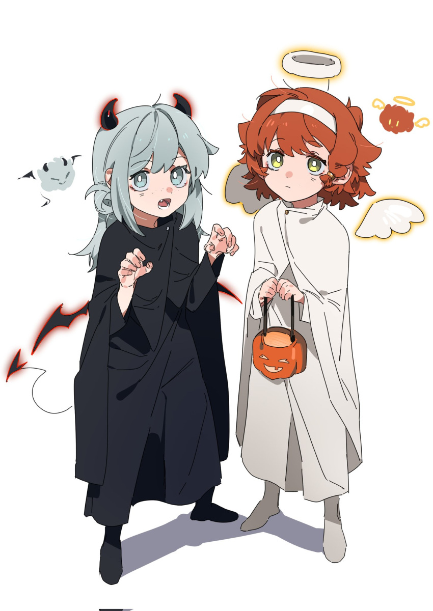2girls angel_wings black_cape black_footwear black_pants bright_pupils cape claw_pose closed_mouth commentary demon_horns demon_tail demon_wings english_commentary freckles green_eyes grey_eyes hairband halloween_bucket halo highres horns jack-o'-lantern long_hair looking_at_viewer low_wings molu_stranger multiple_girls open_mouth pants redhead reverse:1999 shadow short_hair simple_background solo sonetto_(reverse:1999) tail trick-or-treating vertin_(reverse:1999) white_background white_cape white_hairband white_pants white_pupils wings