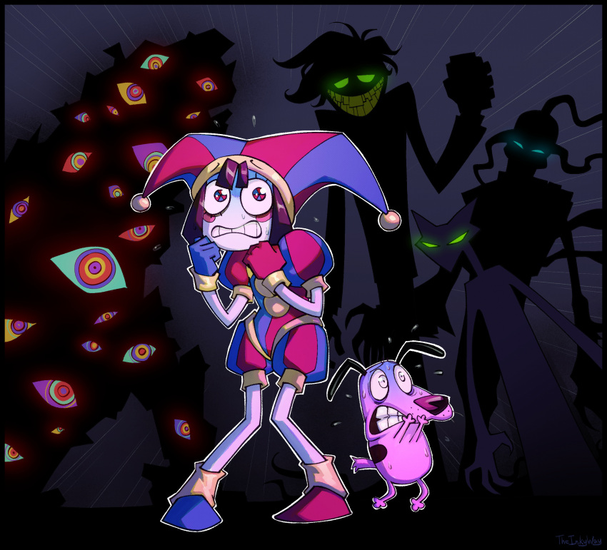 1boy 1girl cleavage_cutout clothing_cutout commentary courage_(character) courage_the_cowardly_dog crossover dog english_commentary gloves green_eyes hat heterochromia highres jester jester_cap pomni_(the_amazing_digital_circus) scared the_amazing_digital_circus theinkyway