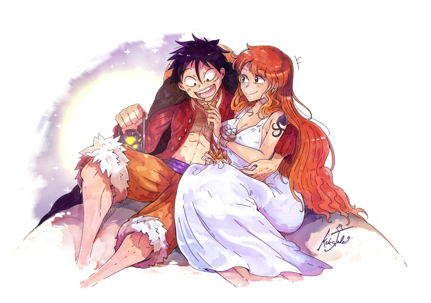 1boy 1girl absurdres black_hair cape couple cuddling dress feeding food fruit fur-trimmed_shorts fur_trim highres holding holding_food kekstala lantern log_pose long_dress long_hair looking_at_another monkey_d._luffy nami_(one_piece) one_piece open_clothes open_mouth open_shirt orange_(fruit) orange_hair orange_shorts orange_slice red_shirt scar scar_on_cheek scar_on_face shirt short_hair shorts shoulder_tattoo signature simple_background sitting sleeveless sleeveless_dress tattoo teeth upper_teeth_only white_background white_dress