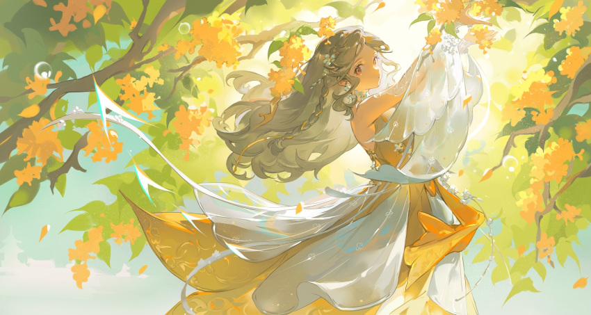 1girl :o bare_shoulders blue_sky braid brown_eyes brown_hair bubble clouds day detached_sleeves dress eyelashes falling_petals floral_print flower hair_flower hair_ornament highres long_dress long_hair long_sleeves original outdoors outstretched_arm parted_lips petals ribbon see-through see-through_sleeves single_braid sky sleeveless sleeveless_dress solo sunlight tree white_flower white_sleeves wide_sleeves yellow_dress yellow_flower yellow_ribbon yunouou10