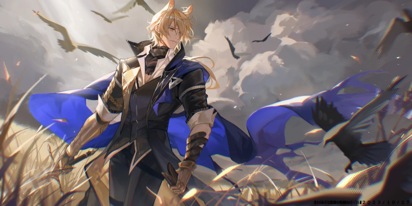 1boy animal_ears arknights bird black_jacket black_pants black_scarf blonde_hair blue_cape blurry blurry_foreground cape chinese_commentary clouds commentary_request cowboy_shot crow gauntlets grey_sky highres horse_boy horse_ears jacket long_hair looking_to_the_side male_focus mlynar_(arknights) mlynar_(wdali)_(arknights) official_alternate_costume outdoors pants popped_collar procreate_(medium) scarf shirt sky sleeves_rolled_up solo wheat_field white_shirt xianyu_guguzi