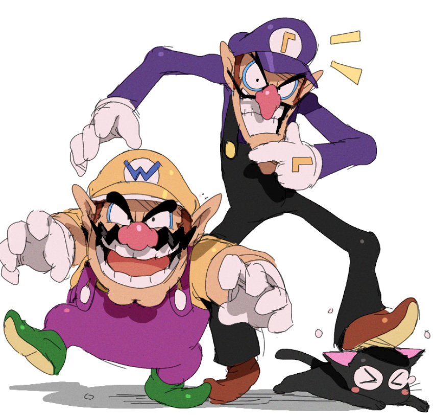 &gt;_&lt; 2boys bendedede black_cat black_overalls black_pants brown_footwear brown_hair cat cleft_chin closed_eyes commentary english_commentary facial_hair gloves green_footwear grin hand_on_own_chin hat highres long_sleeves looking_at_viewer male_focus multiple_boys mustache notice_lines open_mouth overalls pants pointy_ears princess_shokora purple_headwear purple_overalls purple_pants purple_shirt round_teeth shirt shoes short_hair short_sleeves simple_background smile standing super_mario_bros. teeth tongue v-shaped_eyebrows waluigi wario wario_land wario_land_4 white_background white_gloves yellow_headwear yellow_shirt