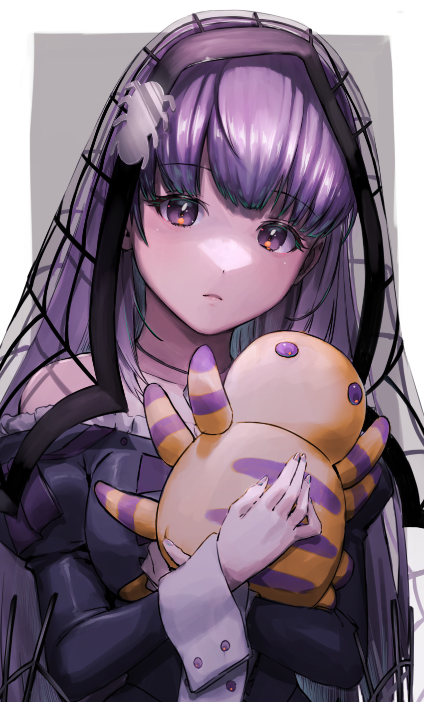 1girl absurdres aduti_momoyama bare_shoulders black_dress closed_mouth commentary_request dress fingernails fire_emblem fire_emblem:_the_binding_blade fire_emblem_heroes hair_ornament halloween halloween_costume highres holding holding_stuffed_toy long_hair looking_at_viewer off_shoulder official_alternate_costume purple_hair purple_nails solo sophia_(fire_emblem) sophia_(halloween)_(fire_emblem) spider_hair_ornament spider_web_print stuffed_spider stuffed_toy veil violet_eyes