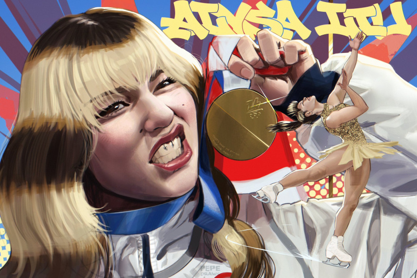 1girl 2026_winter_olympics alysa_liu artist_name blonde_hair blue_trim blunt_bangs brown_eyes brown_hair character_name commentary dress dual_persona english_commentary english_text figure_skating figure_skating_dress floating_clothes floating_hair gold_medal graffiti grin halo_hair hand_up highres holding_medal ice_skates jacket long_hair looking_at_viewer looking_to_the_side mole mole_on_cheek multicolored_hair olympics pepedraws piercing ponytail profanity real_life realistic skates smile solo source_quote teeth white_jacket yellow_dress