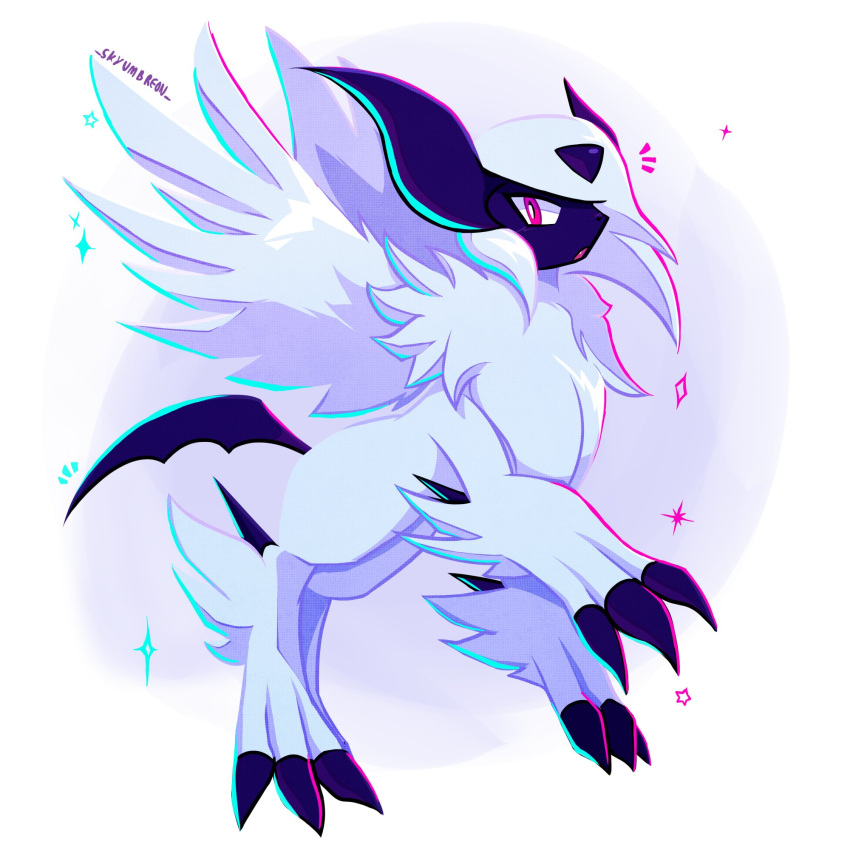 absol artist_name claws english_commentary fang feathered_wings highres horns mega_absol mega_pokemon no_humans open_mouth pink_eyes pokemon pokemon_(creature) skyumbreon solo sparkle wings