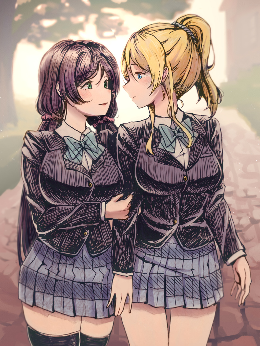 2girls absurdres ayase_eli black_thighhighs blazer blonde_hair blue_bow blue_bowtie blue_eyes blue_skirt bow bowtie breasts eye_contact green_eyes hair_ornament hair_scrunchie highres jacket large_breasts long_hair long_sleeves looking_at_another love_live! love_live!_school_idol_project low_twintails multiple_girls open_mouth otonokizaka_school_uniform pink_scrunchie plaid plaid_skirt ponytail purple_hair risai school_uniform scrunchie skirt smile thigh-highs toujou_nozomi twintails white_scrunchie yuri