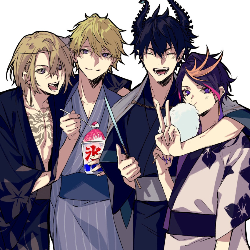 4boys ^_^ arm_around_shoulder black_hair black_horns black_sash blonde_hair blue_kimono blue_sash chest_tattoo closed_eyes closed_mouth commentary cotton_candy cup earrings eating english_commentary eyeshadow fang fingernails floral_print food grey_sash hair_between_eyes hand_fan hand_up hands_up highres holding holding_cup holding_fan holding_spoon horns japanese_clothes jewelry kimono long_fingernails long_sleeves looking_at_another looking_at_viewer luca_kaneshiro makeup male_focus medium_hair mole mole_on_neck multicolored_clothes multicolored_hair multiple_boys nail_polish nijisanji nijisanji_en obi open_clothes open_kimono open_mouth oyasumi_fuwa_chi_mu paper_fan parted_bangs pink_hair pointy_ears print_kimono purple_hair purple_kimono purple_nails red_eyeshadow ren_zotto round_teeth sash sharp_fingernails shaved_ice shu_yamino simple_background smile sonny_brisko spoon standing streaked_hair striped striped_kimono swept_bangs tattoo teeth thumbs_up tongue uchiwa v vertical-striped_kimono vertical_stripes violet_eyes virtual_youtuber white_background white_kimono wide_sleeves