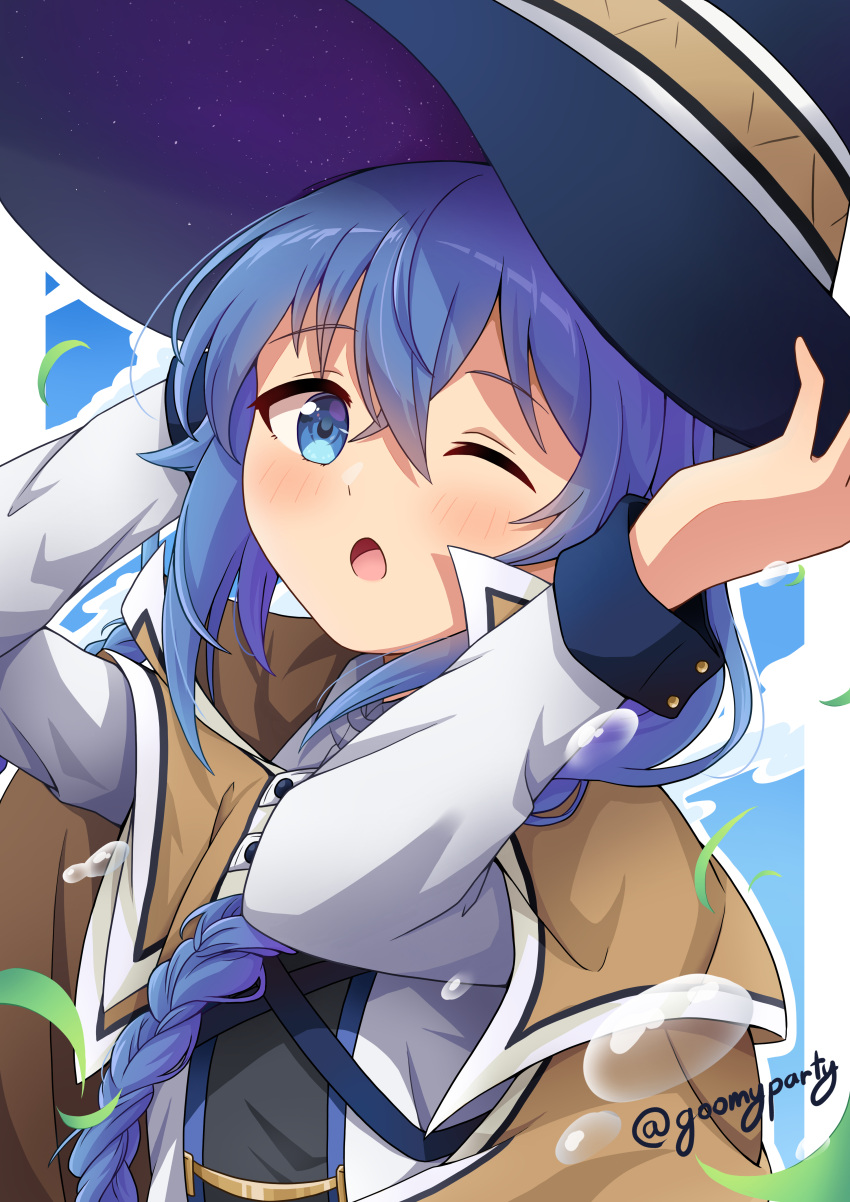 1girl ;o absurdres arms_up black_headwear blue_eyes blue_hair blush braid brown_cloak cloak commentary_request goom_(goomyparty) hair_between_eyes hair_over_shoulder hands_on_headwear hat highres long_hair looking_at_viewer mushoku_tensei one_eye_closed open_mouth roxy_migurdia shirt single_braid solo twitter_username upper_body very_long_hair white_shirt witch_hat