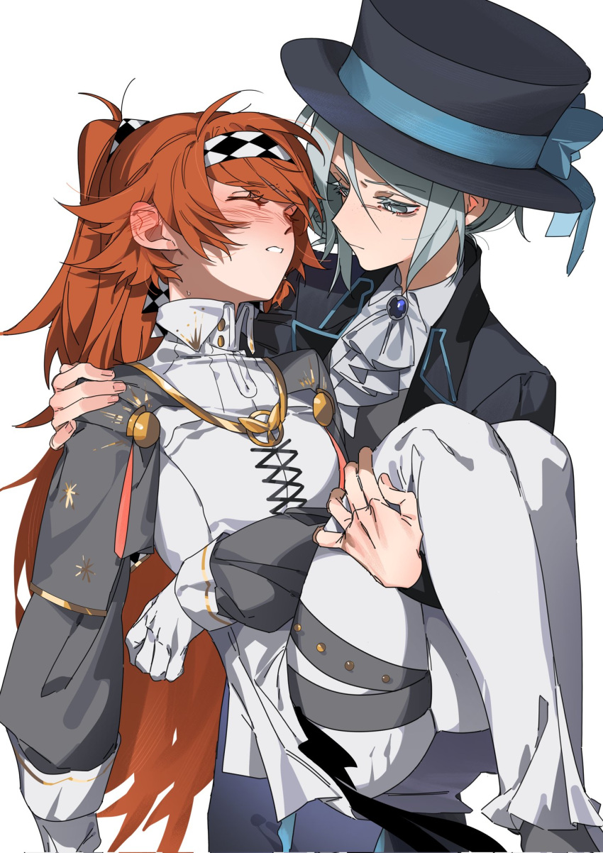 2girls ascot black_coat blush bright_pupils brooch carrying carrying_person chinese_commentary closed_mouth coat collared_shirt commentary_request dress ear_blush frown grey_eyes grey_hair grey_sleeves hat high_collar highres jewelry long_hair molu_stranger multiple_girls orange_hair pants parted_lips princess_carry reverse:1999 shirt simple_background sonetto_(reverse:1999) sweat thigh_strap top_hat vertin_(reverse:1999) white_ascot white_background white_dress white_pants white_pupils white_shirt