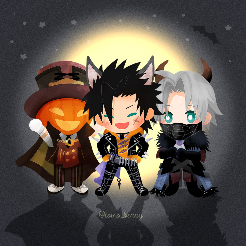 3boys aged_down animal_ears arms_up ascot bat_(animal) belt black_feathers black_footwear black_gloves black_hair black_pants blush boots brown_cape bullet cape chain chibi closed_eyes collar dog_ears facing_viewer fake_horns feathered_collar feathers final_fantasy final_fantasy_vii final_fantasy_vii_ever_crisis glenn_lodbrok gloves green_eyes grey_hair halloween halloween_costume hands_on_own_hips happy hat highres hood hood_down hoodie horns jack-o'-lantern jack-o'-lantern_head jacket leather leather_jacket male_focus mask mouth_mask multiple_boys muzzle night night_sky official_alternate_costume open_clothes open_jacket open_mouth orange_hoodie own_hands_together pants parody pinstripe_pants pinstripe_pattern pointy_ears pumpkin scar scar_on_cheek scar_on_face sephiroth shadow shoes short_hair signature sky smile spiked_jacket spikes spiky_hair standing star_(sky) striped style_parody theatrhythm_final_fantasy tomoberry top_hat vest white_footwear white_gloves zack_fair