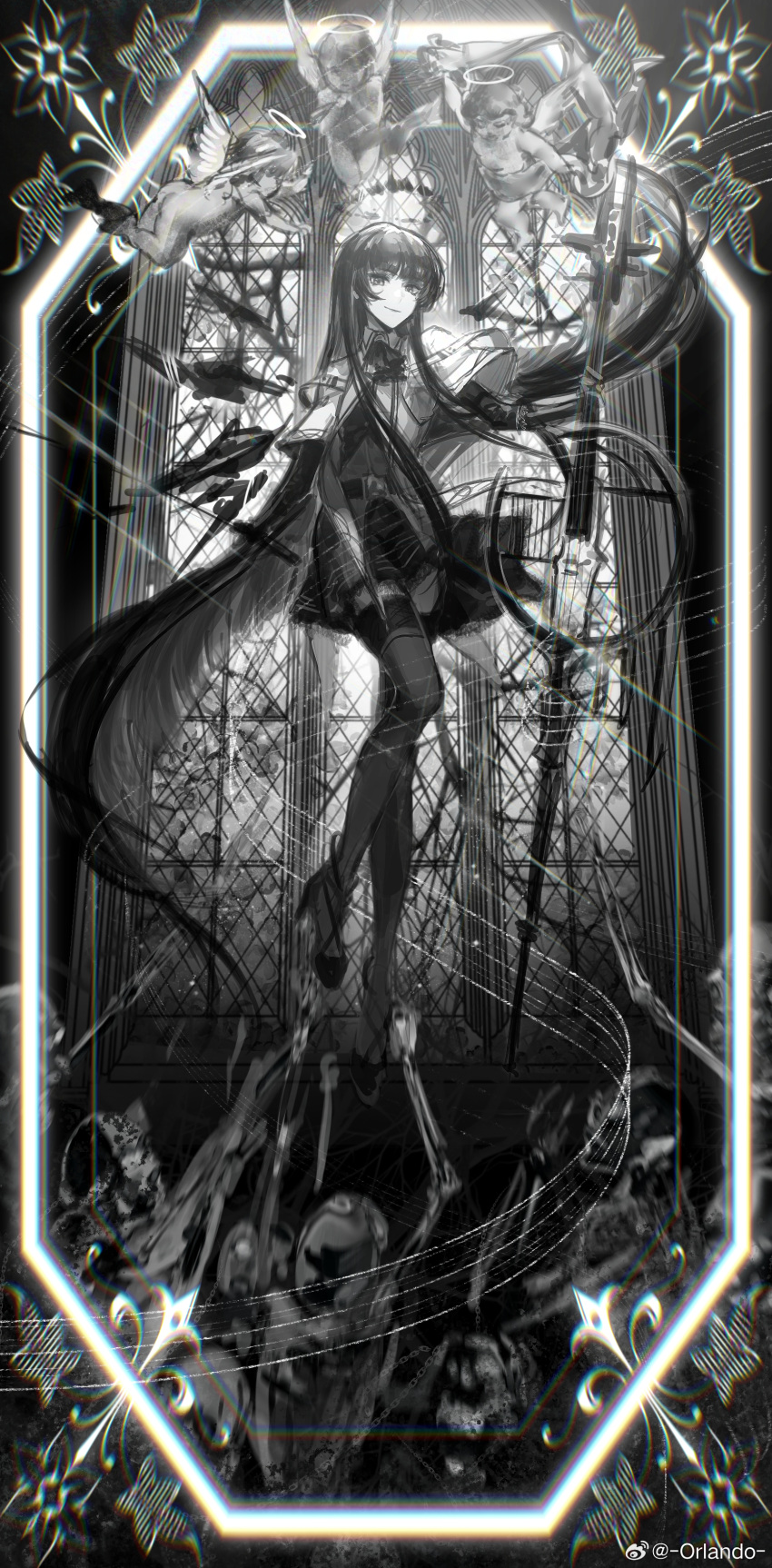 1girl absurdres angel angel_wings arknights artist_name ascot backlighting belt belt_buckle blunt_bangs blurry blurry_edges bone border bow_(music) breasts broken_halo buckle bustier cello cherub chinese_commentary collared_jacket commentary_request dark_halo detached_wings diffraction_spikes dress_shirt energy_wings floating floating_hair flower full_body glint gloves glowing greyscale halo hand_up high_heels highres hime_cut holding holding_bow_(music) holding_instrument holding_violin instrument jacket layered_sleeves light_smile lips long_sleeves looking_at_viewer miniskirt mole mole_under_eye monochrome orlando_(weibo_5568544894) outside_border people pleated_skirt reaching_towards_another shirt short_over_long_sleeves short_sleeved_jacket short_sleeves sidelocks skeleton skirt skull solo_focus spot_color staff_(music) stained_glass strappy_heels thigh-highs undead violin virtuosa_(arknights) watermark weibo_logo weibo_username window wings zettai_ryouiki