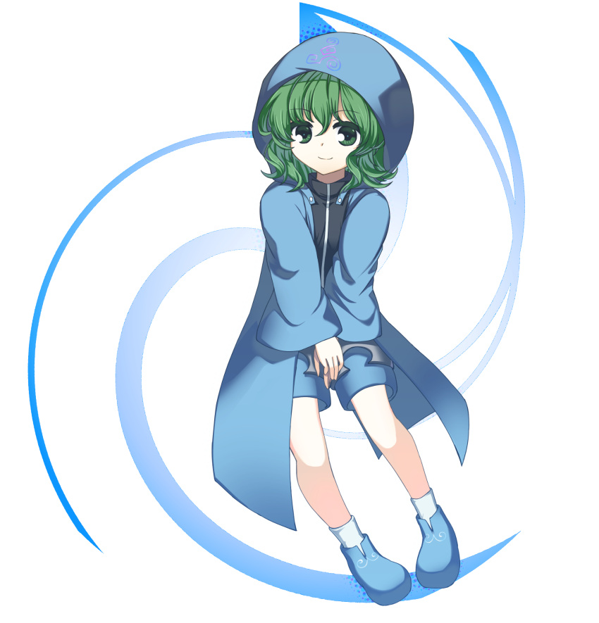 1other androgynous anmita_(rarutos) blue_coat blue_footwear blue_shorts closed_mouth coat commentary_request full_body green_eyes green_hair highres hood hood_up hooded_coat len'en long_sleeves looking_at_viewer medium_hair other_focus shitodo_aoji shorts smile socks solo white_socks