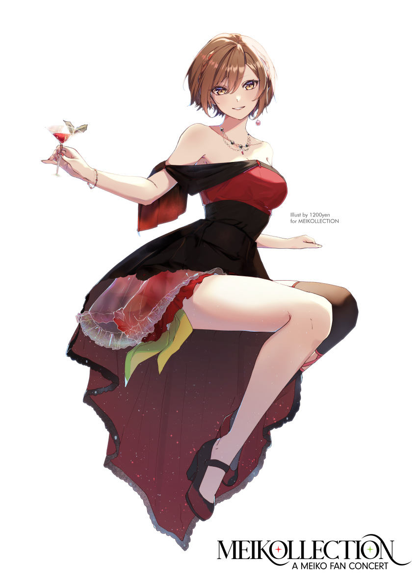 1girl absurdres alcohol asymmetrical_legwear bare_shoulders black_thighhighs blush bracelet brown_eyes brown_hair dress drink earrings english_text facing_viewer full_body happy_birthday high_heels highres holding holding_drink invisible_chair jewelry looking_at_viewer meiko_(vocaloid) necklace parted_lips red_dress short_hair sitting smile solo strapless strapless_dress thigh-highs vocaloid white_background yen-mi