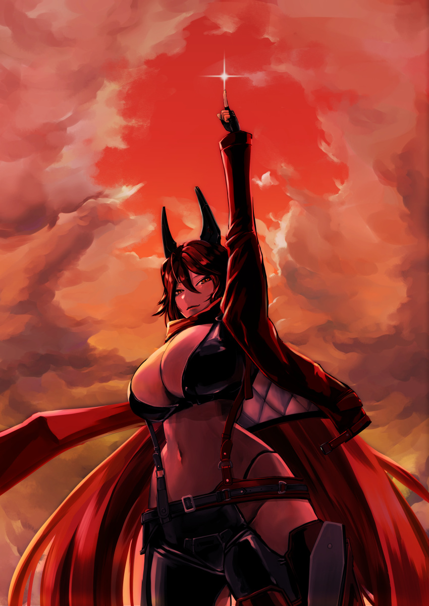 1girl absurdres ankoh black_gloves breasts clouds cloudy_sky fingerless_gloves gloves goddess_of_victory:_nikke hair_between_eyes highres hip_vent horns jacket large_breasts long_hair mechanical_horns navel open_clothes open_jacket orange_sky pointing pointing_up red_hood_(nikke) red_jacket red_scarf redhead revealing_clothes scarf sky solo stomach suspenders yellow_eyes