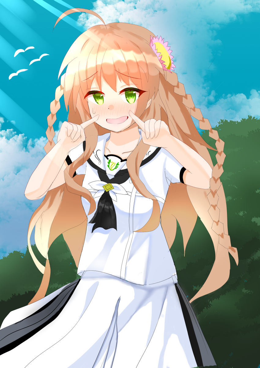 1girl absurdres ahoge alternate_costume ascot black_ascot blue_sky blush braid brown_hair clouds commentary_request company_connection day embarrassed eyelashes eyes_visible_through_hair finger_to_cheek flower green_eyes hair_between_eyes hair_flower hair_ornament hands_up highres index_fingers_raised kanbe_kotori key_(company) key_summer_2928 long_hair looking_at_viewer nervous_smile nose_blush open_mouth pink_flower puffy_short_sleeves puffy_sleeves rewrite sailor_collar school_uniform shirt short_sleeves sidelighting sidelocks skirt sky smile solo summer summer_pockets sunlight sweatdrop twin_braids very_long_hair wavy_hair white_sailor_collar white_shirt white_skirt