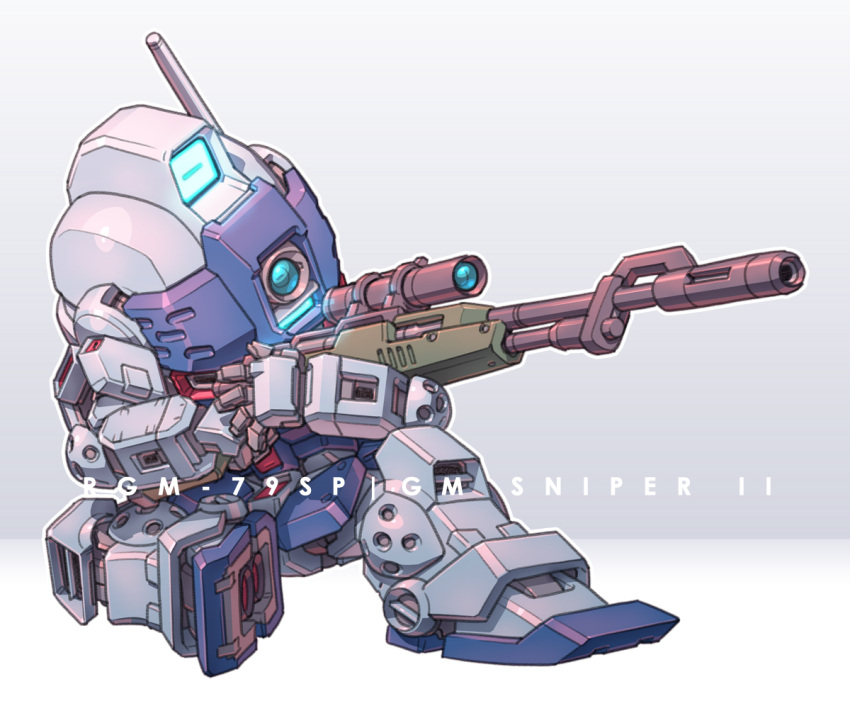 aiming character_name chibi commentary_request gm_sniper_ii grey_background gun gundam gundam_0080 holding holding_gun holding_weapon mecha mobile_suit no_humans radio_antenna rifle robot science_fiction scope sd_gundam sitting sniper_rifle solo susagane two-tone_background weapon white_background