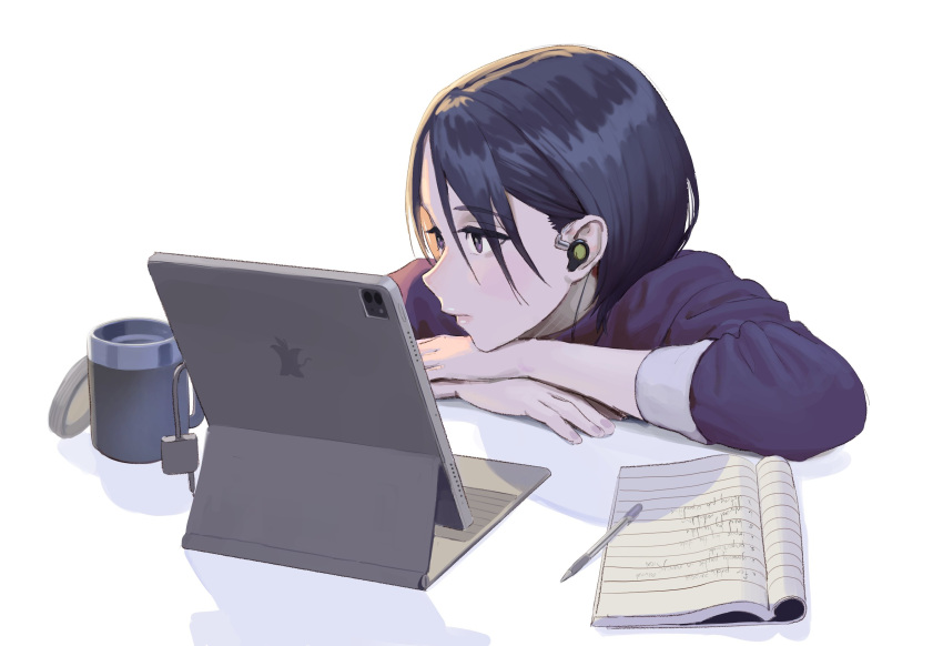 1girl black_eyes black_hair carlo_montie coffee_mug cup earphones earphones english_commentary highres invisible_table logo_parody mug notebook original pen purple_shirt shirt simple_background solo tablet_pc white_background